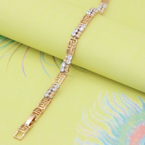 "Rose Gold CZ Bracelet with Greek Key Motif, Elegant Patterned Design, XPBL0750 - Picture 1 of 12